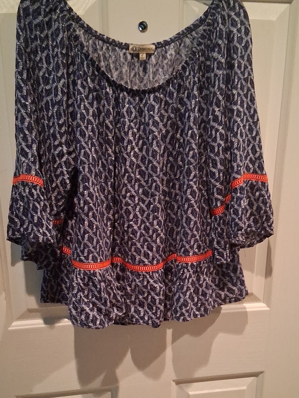 Democracy Blue Patterned Blouse with Orange Trim